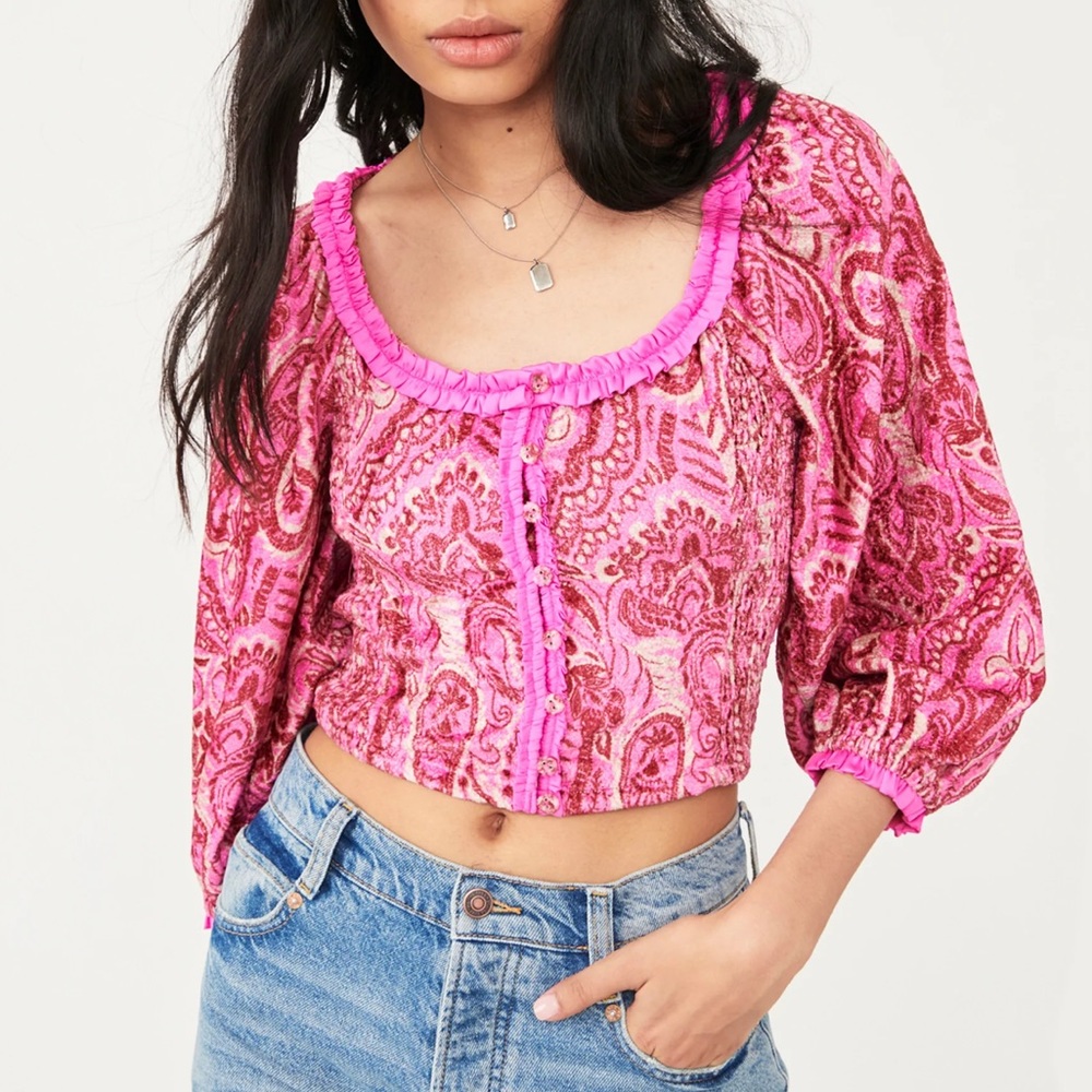 NWT Free People Dare Me Velvet Blouse, XS Retro Combo Pink Red Paisley